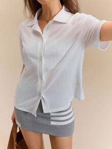 Hanevo Women's Solid Color Short Sleeve Single-Breasted Casual Loose Shirt - Multicolor - View 4