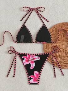 Swim Mod 女士新款印花细肩带露背上衣和侧系带泳裤性感比基尼套装 - 黑色 - 查看 4