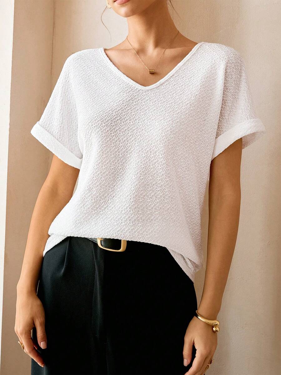 Lymera 春夏新款时尚休闲白色通勤简约纹理针织V领无袖T恤 - 白色 - 查看 1