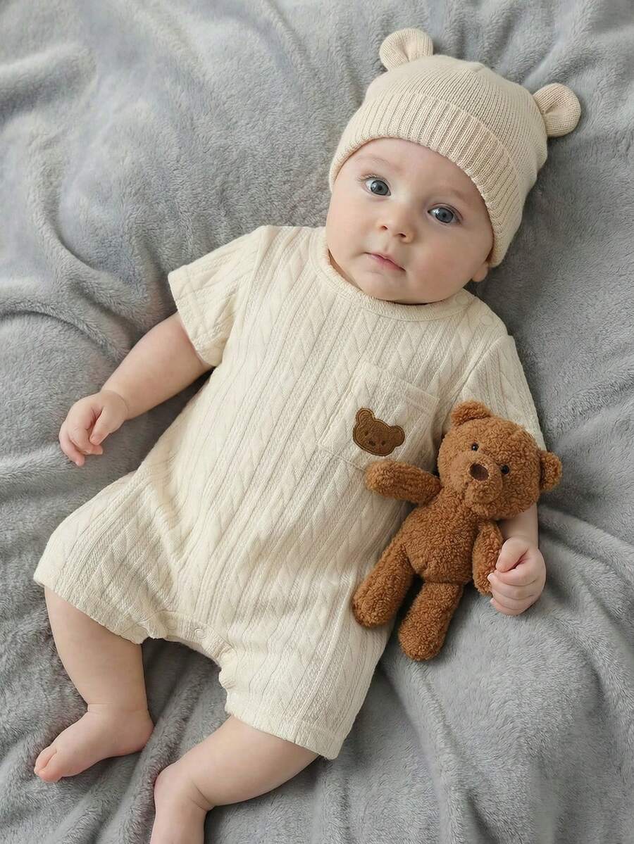SHEIN Baby Boy Summer Casual Bear Embroidery Romper - Beige - View 1