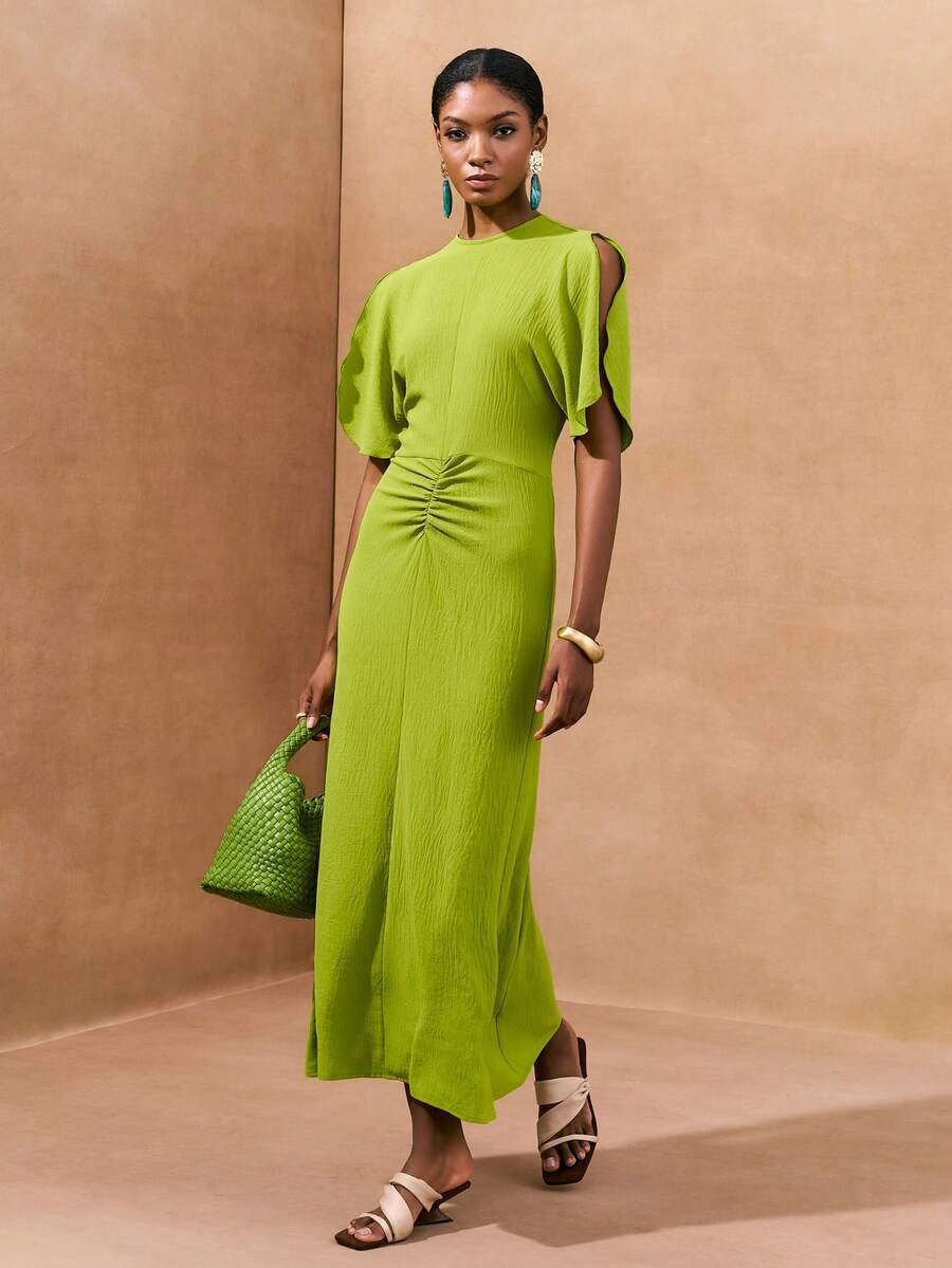 Zivah Vestido maxi de manga corta con cuello redondo, cintura fruncida, de tela tejida de color amarillo-verde, con silueta ajustada, cierre oculto en la espalda, elegante y minimalista, de estilo casual y romántico, nueva llegada primavera 2025 - Verde - Ver 1