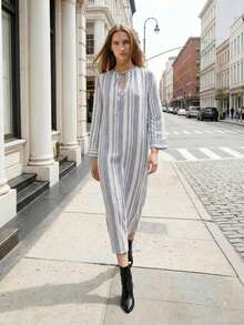 Chiquease Women's Vacation Cotton Striped V-Neck Split Dress Blue Striped Dress Long Sleeve Summer Dresses Casual Midi Dress - Multicolor - View 1