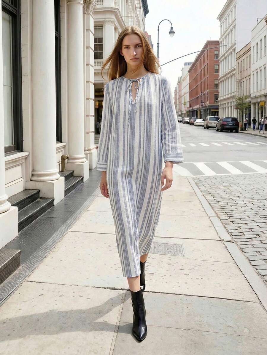 Chiquease Women's Vacation Cotton Striped V-Neck Split Dress Blue Striped Dress Long Sleeve Summer Dresses Casual Midi Dress - Multicolor - View 1