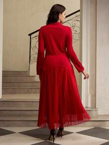 ZEYLAH Cut-Out Long Sleeve Mesh Patchwork Pleated Dress - Red - View 3
