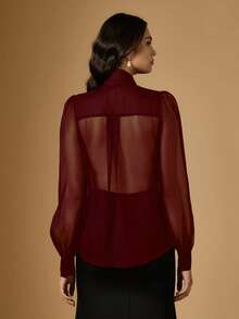 Women's Elegant Sexy Sheer Mesh Tie Neck Blouse - Red - View 2