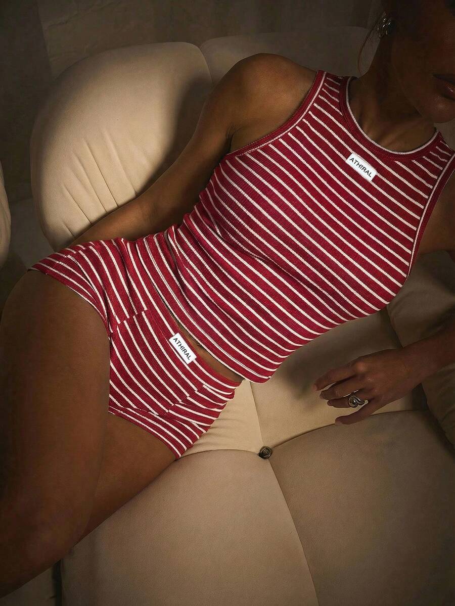 Athîral Women's Casual Striped Camisole And Shorts 2 Pieces Set, Summer - Burgundy - View 1