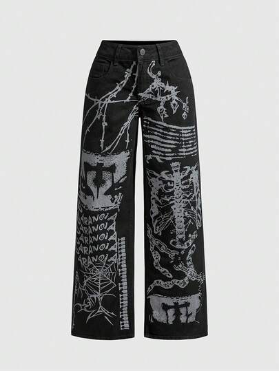 Grunge Punk Women's Retro Street Punk Skeleton Bone Chain Print Wide Leg Jeans