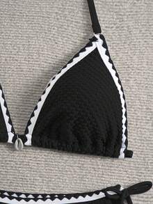 SHEIN Teen Girl Summer Swim Girl's Vacation Striped Trim Halter Neck Tie Sexy Bikini Set, 2pcs/Set,Summer Beach - Black and White - View 4