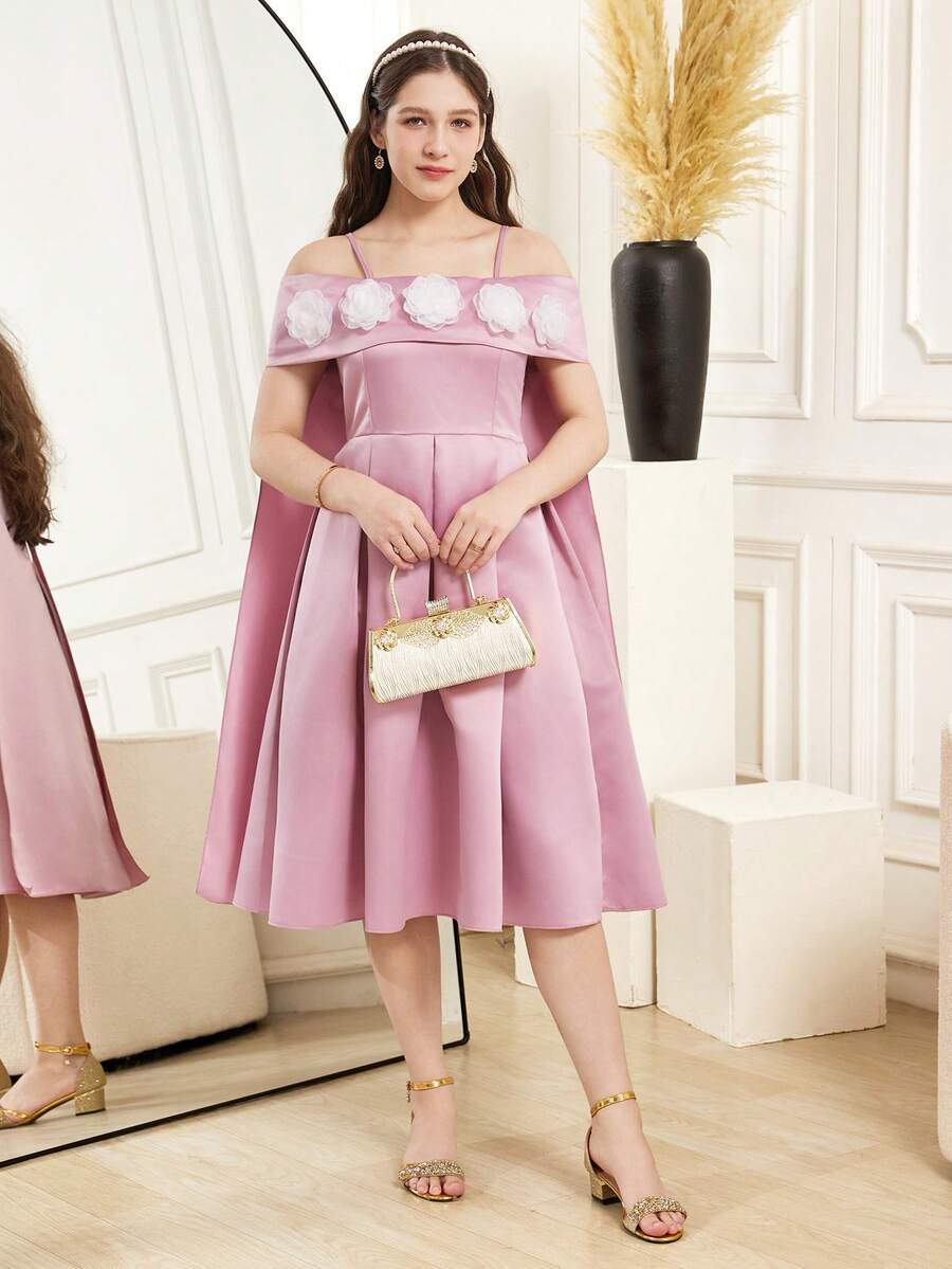 Vestido elegante con hombros descubiertos y decoración floral 3D para adolescentes