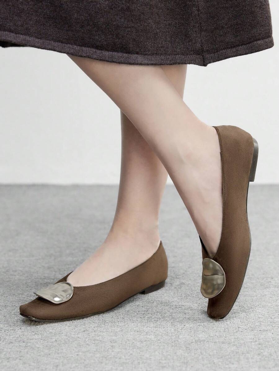 CUCCOO BIZCHIC Women's Square Toe Slip-On Shoes With Metal Buckle, Minimalist Design Valentine's Day - Khaki - View 1