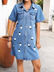 EMERY ROSE Vestido vaquero holgado con estampado floral y bolsillos con vueltas, adecuado para vacaciones de verano - Azul - Ver 6