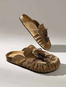 Women's Casual Slip-On Mules With Tassel Design, Versatile For Daily Wear - Khaki - View 6