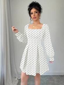 Rafferiza Women's Elegant Polka Dot Square Collar A-Line Short Dress - White - View 5