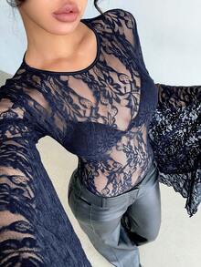 Aloruh Áo liền thân ren đen tay cánh dơi cho Halloween - Màu xanh hải quân - Xem 7