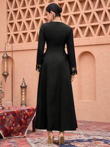 Al Najma Women's Elegant Metallic Geometric Pattern Waist Tie Dress, Suitable For Arabic Party And Celebration - Black - View 2