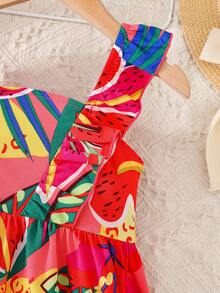 SHEIN Vestido casual con cuello cuadrado tejido y dobladillo con volantes para niña joven - Multicolor - Ver 5