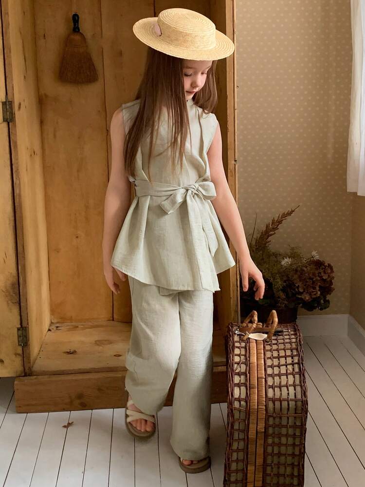 Tween Girl Solid Color Knotted Waist Long Shirt Blouse And Wide Leg Pants Casual Outfit Summer