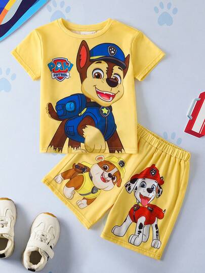SHEIN | PAW Patrol Bộ áo thun ngắn tay và quần short in hình chó hoạt hình dành cho bé trai, thích hợp mặc hàng ngày, đi làm, mùa hè.