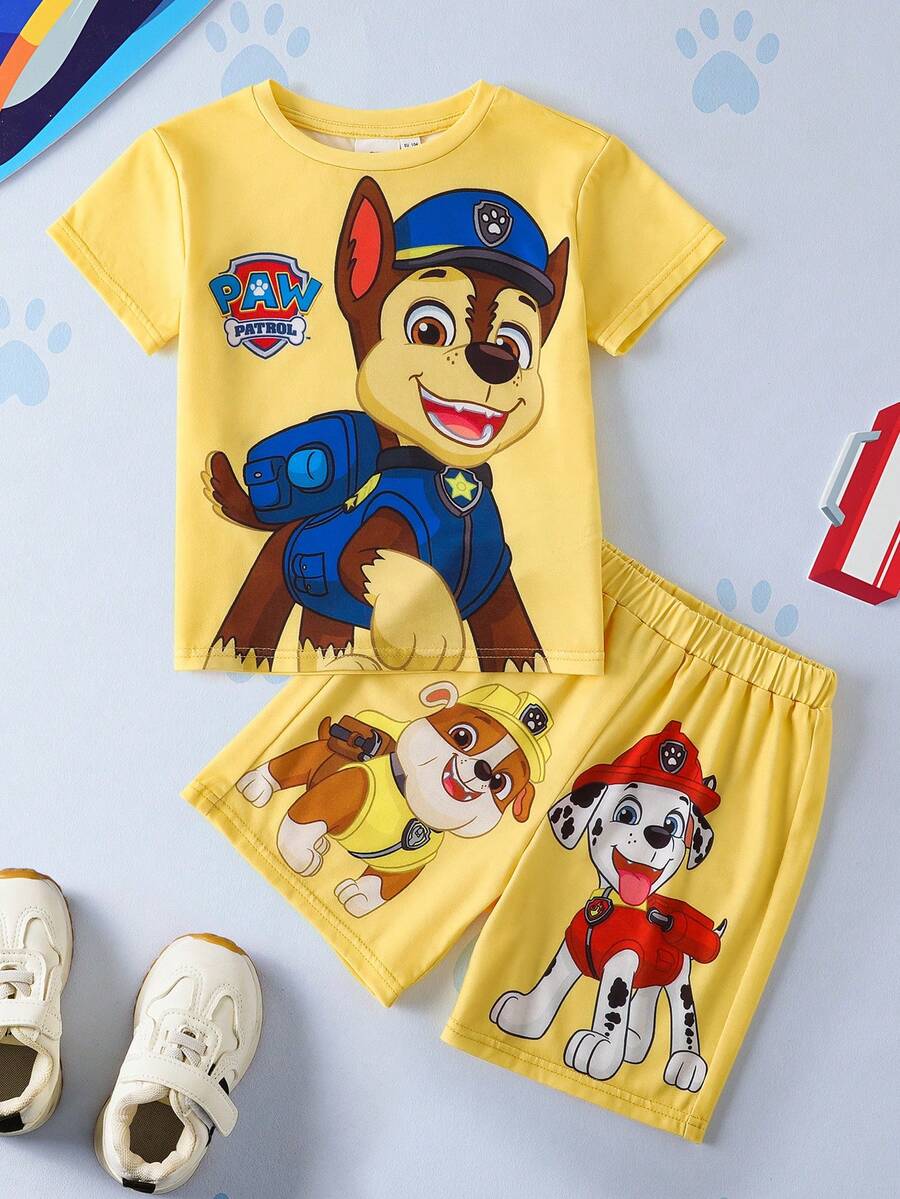 SHEIN | PAW Patrol Young Boy Cartoon Dog Print Short Sleeve T-Shirt And Shorts Set, Casual Daily Commute, Summer - Yellow - View 1