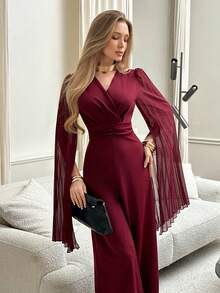 Elenzga Women's Elegant Romantic Precise V-Neck Waist Flared Leg Jumpsuit - Burgundy - View 4