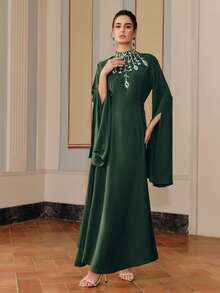 Anewsta Green Elegant Handcrafted Diamond Slit Flare Sleeve Waist Robe - Army Green - View 3