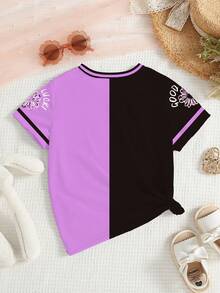 Young Girls' Casual Stylish Creative Personalized Refreshing Cute Simple Cartoon Kitten, Line, Floral, Black & Purple Graphic Print Basic Short T-Shirt, Comfortable Daily Wear, Cozy Summer & Fall Styles Suitable For Spring, Summer, Autumn Young Girls Shirt Anime Shirt For Kids Lilo And Stitch Clothes Kids - Multicolor - View 2