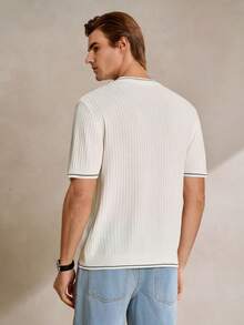 Manfinity CityGents Casual Knit Fabric Plain Ribbed Short Sleeve Men's Round Neck Top In Black And White - Black and White - View 5