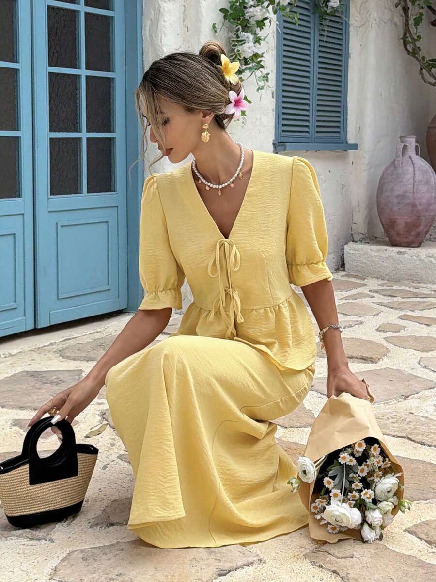 Livesso Spring/Summer Yellow Front Tie-Up Cardigan, Casual Beach Vacation Style With Ruffle Hem Patchwork Short Sleeve Top And A-Line Skirt 2 Pieces Set, Elegant For Commuting - Yellow - View 1