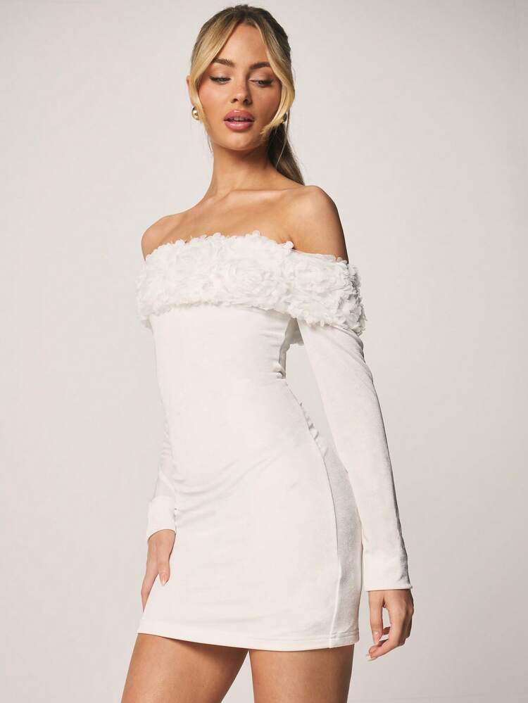 MISSGUIDED Off Shoulder Bardot Mini Dress With Floral Applique Ruffle Trim Long Sleeve Bodycon Cocktail Party Evening Formal Occasion Wear