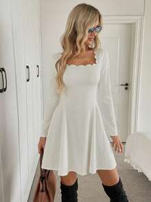 Easowa Vestito da sole a-line con vita arricciata e scollo quadrato, vestito casual e elegante da ufficio in stile retrò per donna, vestito bianco casual con scollo a scalino, vestito bianco a maniche lunghe, vestito crema, vestito bianco a scollo a scalino a maniche lunghe, vestito bianco a ruota - Albicocca - Visualizzare 7