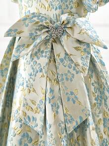 SHEIN Đầm dệt jacquard tay phồng trang trí nơ thanh lịch dành cho bé gái tuổi teen - Màu xanh lam - Xem 11