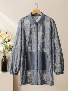 Lacomfia Bộ đồ nữ cỡ lớn gồm áo và quần ống rộng bằng vải lưới jacquard khoét lỗ, kiểu dáng thường ngày, 2 món. - Màu xanh bụi bặm - Xem 8