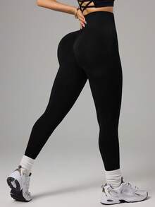 Dewbera Pantalones de yoga con control de abdomen y cintura alta sin costuras para mujer - Negro - Ver 1