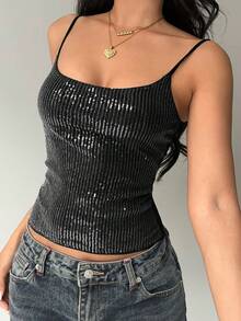 Aloruh Áo hai dây phối ren và sequin gợi cảm mới dành cho nữ, phong cách thời trang đường phố. - màu đen - Xem 5