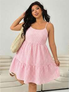 SHEIN EZwear 加大码粉白格子印花露背荷叶边吊带裙 - 粉色 - 查看 2