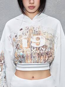 ROMWE Avant 前卫锈蚀效果数字印花短款卫衣 - 白色 - 查看 2