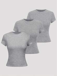 SHEIN LUNE Women's Solid Color Round Neck Short Sleeve Casual Versatile T-Shirt - Light Grey - View 1