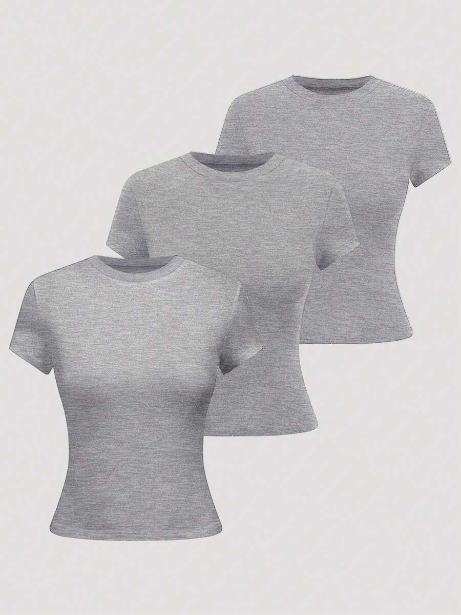 SHEIN LUNE Women's Solid Color Round Neck Short Sleeve Casual Versatile T-Shirt - Light Grey - View 1