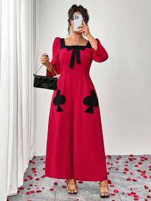 Elenzga New Arrival Black & Burgundy Patchwork Jumpsuit, Square Neck Long Sleeve Printed Plus Size Jumpsuit