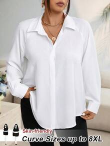 Vionelle 大码女式长袖插肩袖白色优雅衬衫，简约风格OL衬衫，漂亮翻领长袖中长款衬衫 - 白色 - 查看 4