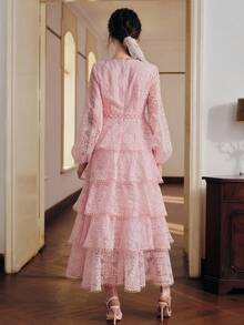 Anewsta High-End Elegant French Style Embroidered Waist Ruffle Hem Dress For Women, Spring - Dusty Pink - View 7