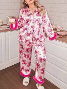 SweetSlumber 甜美梦乡可爱蝴蝶结印花仿毛皮拼接缎面开襟加大码睡衣套装 - 淺粉色 - 查看 3