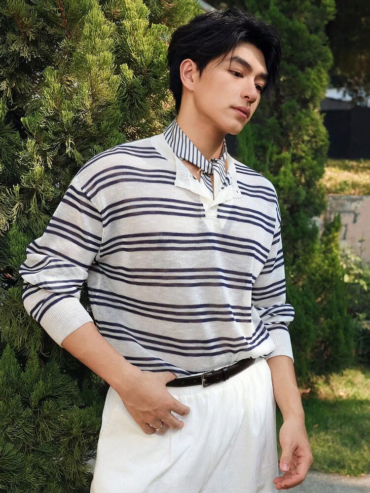 Men's Striped Blue & White Half-Zip Crew Neck Knit Sweater, Spring/Autumn