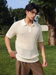 DAZY Men's Solid Color Polo Collar Short Sleeve Knit Top, Summer - Beige - View 1