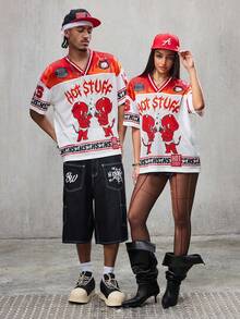 SHEIN HOT STUFF Men's 1pc Summer Breathable Mesh Patchwork Cartoon Pattern V-Neck Short Sleeve T-Shirt - White - View 1