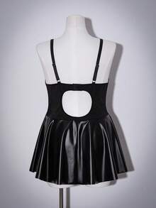 SHEIN 大码女士性感PU皮革镂空系带A字吊带裙两件套 - 黑色 - 查看 2