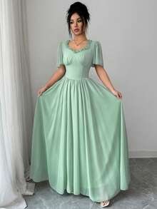 Modelyn 女士时尚荷叶边领收腰喇叭袖连衣裙 - 薄荷綠 - 查看 3