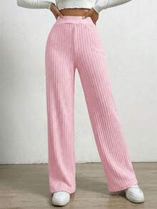 SHEIN EZwear 女士休闲日常通勤简约纯色罗纹针织宽松直筒裤，适合情人节约会 - 淺粉色 - 查看 6