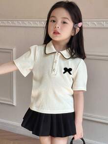 DAZY 女童蝴蝶结领纽扣半开襟T恤