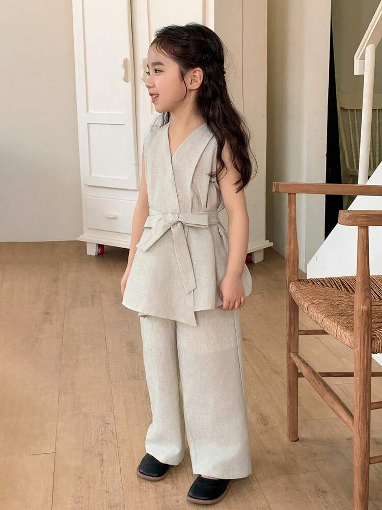 Young Girls Solid Color V-Neck Belted Vest And Wide Leg Pants Set, Fall Outfit